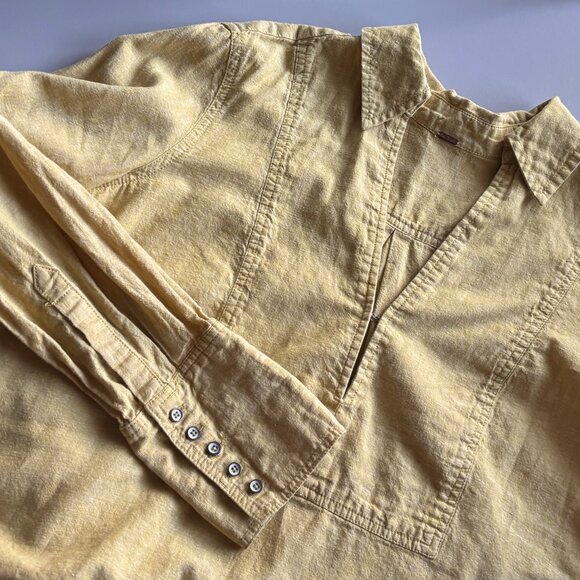 Free People Yellow Long Sleeve Collared Blouse, V-neck Linen Cotton Loose Top - Picture 5 of 8